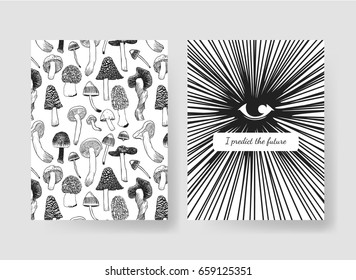 Set of templates cards. Hand drawn vector patterns brochures. Actual artistic design with mushrooms