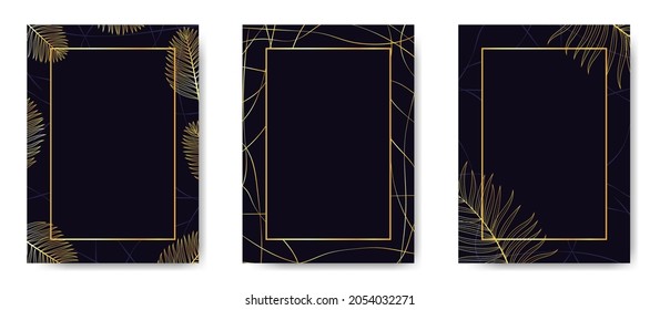 Set of templates for cards and invitations. Golden leaves of palm tree on dark background. Vector illustration.