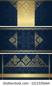 Set of templates for cards, invitations, posters, banners. Vintage golden decoration on a blue seamless background     