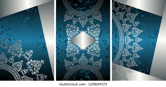 Set of templates for cards, invitations, posters, banners. Vintage silver floral decoration on a grunge background  