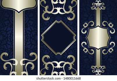 Set von Vorlagen für Karten, Einladungen, Poster, Banner. Vintage-Dekoration mit silberner Blume und blauer Hintergrund          