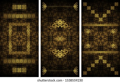 Set of templates for cards, invitations, posters, banners. Vintage golden decoration on a blue background     