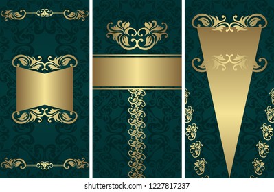 Set of templates for cards and invitations. Vintage golden floral decoration  