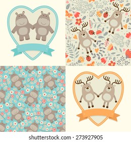 Set of templates of cards and seamless patterns with animals. Hippo and deer.