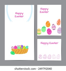 Set of templates of cards. Wicker basket with Easter eggs and ribbon with a bow.