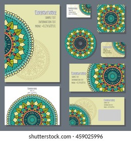Set of templates for cd discs, envelopes, notebooks, credit card, business card and invitation card with round ornament. Corporate style. Vector illustration.