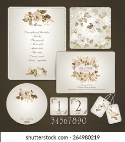 Set of templates for celebration, wedding. Beige roses. Invitation card, letterhead, numbering for tables and different elements. Watercolor flowers on  light cream background. Vintage design. 