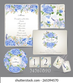 Set of templates for celebration, wedding. Blue flowers. Watercolor blue hydrangea, lavender, currant. Invitation card, letterhead, numbering for tables and different elements.  Vintage design