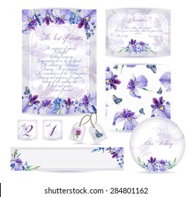 Conjunto de plantillas para celebración, boda. Flores azules. Hidros azul acuarela, flor de maíz, baya. Tarjeta de invitación, membrete, numeración para mesas, banners y otros elementos diferentes. 