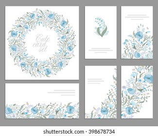 Set of templates for celebration, wedding. Blue flowers. Watercolor blue poppies, lily of the valley, daisy, snowdrop.  For romantic and wedding design, greeting cards, posters, advertisement. Vintage