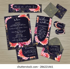 Set of templates for celebration, wedding. Red, pink flowers. Watercolor dahlia. Invitation letter, letterhead,  envelope, banner, blank-menu, information leaflet  and other elements. Baroque style.