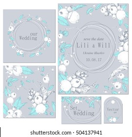 Set of templates for celebration, wedding. Vector illustration. Composition of autumn berries, leaves. Pointillism style.