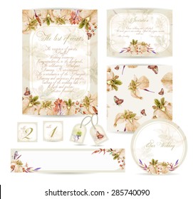 Set Of Templates For Celebration, Wedding. Watercolor Yellow Irises, Cornflower, Berry. Invitation Card, Letterhead, Numbering For Tables, Banner And Other Different Elements. Vintage Design