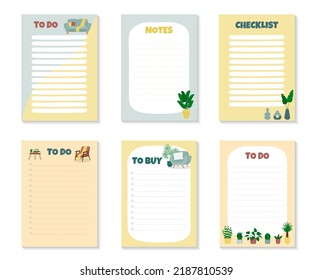 Set of templates for Checklist, To Do and To Buy List with furniture  and houseplants. Isolated vector illustration 