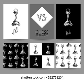 A set of templates for a chess tournament. Black pawn against white. Illustrations for the chess game. The kit includes the A4 posters and three seamless backgrounds.