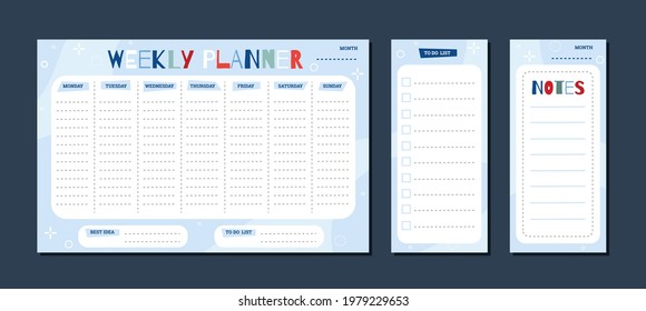 Set of templates for childrens weekly planner and todo list with page for notes, flat vector illustration. Collection frames for schedule and planner design.