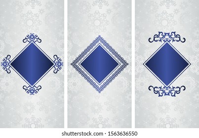 Set of templates for Christmas cards, invitations, posters, banners. Vintage blue decoration and silver background    