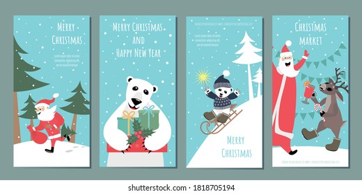 Set of templates for Christmas greeting banners, flyers, cards. Christmas market. Vector images of cheerful polar bears, santa claus, deer.