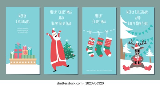 Set of templates for Christmas greeting banners, flyers, cards. Vector images of merry santa claus, deer, gifts, christmas tree, socks.