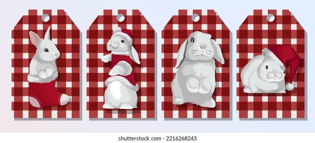 Set of templates Christmas labels. Vector illustration of different white rabbits bunnies on red white checked labels. New year 2023,Christmas,cards,banners,design conceept.