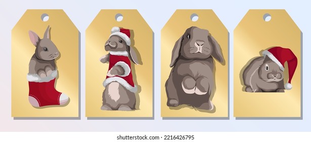 Set of templates Christmas labels. Vector illustration of different white rabbits bunnies on gold shine labels. New year 2023,Christmas,cards,banners,design concept.