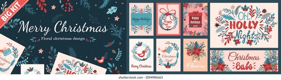 Set of templates for Christmas and New Year flower cards. Vivid Illustrations for vector image design.