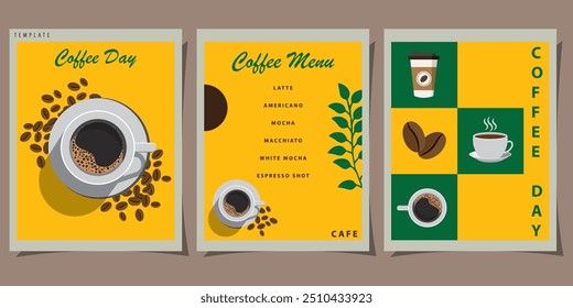 Conjunto de Plantillas con taza de granos de café, taza de café, Vector de menú de café. Diseño, tienda, Plantilla, taza, café, taza, café, bebida, menú, fondo, espresso. Se puede utilizar para el Anuncio, folleto, cartel. 