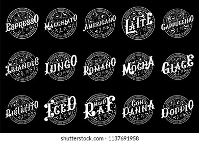 Set of templates for coffee menu. Hand draw lettering on black background.