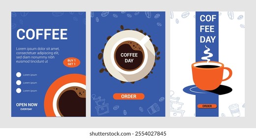 Set of templates coffee mug, banner, brochure, poster, cover, cafe menu. blue background. Vector illustration.