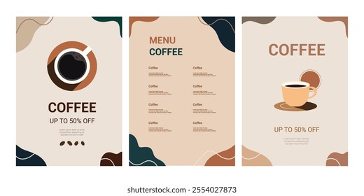 Set of templates coffee mug, banner, brochure, poster, cover, cafe menu. Vector illustration.