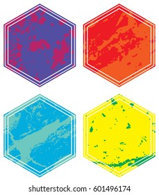 Set of templates of color hexagon retro vintage grunge frames for greetings, promotion and price. Vector elements with scratched effect  for posters, sites, web, shops, websites, labels, design.