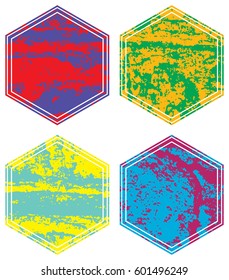 Set of templates of color hexagon retro vintage grunge frames for greetings, promotion and price. Vector elements with scratched effect  for posters, sites, web, shops, websites, labels, design.