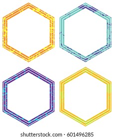 Set of templates of color hexagon retro vintage grunge frames for greetings, promotion and price. Vector elements with scratched effect  for posters, sites, web, shops, websites, labels, design.