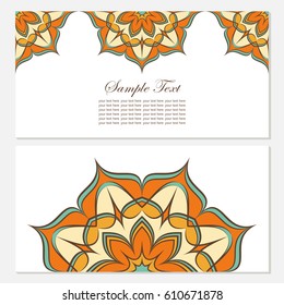 Set of templates with color ornament. It can be used for decorating of invitations, business cards. Vector background illustration.