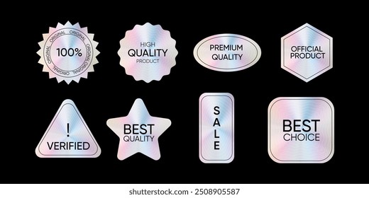 Set of templates of colored holographic stickers, labels with holographic effect. 