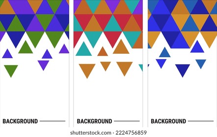 Set of templates with colorful triangle pattern at each corner position with white space. Modern geometric background for business or corporate presentations. Eps10 vector illustration