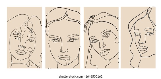 Set of templates with continuous portrait woman in abstract trendy style. Creative design for social media apps. Minimal simple vector. Beauty and fashion concept. 
