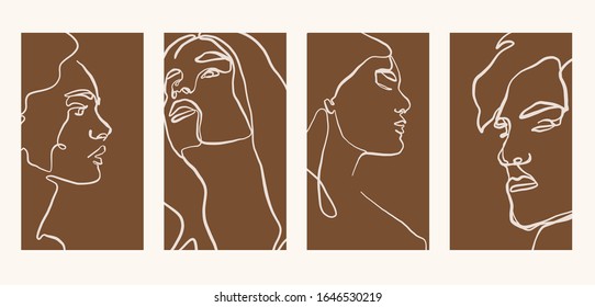 Set of templates with continuous portrait woman in abstract trendy style. Creative design for social media apps. Minimal simple vector. Beauty and fashion concept. 
