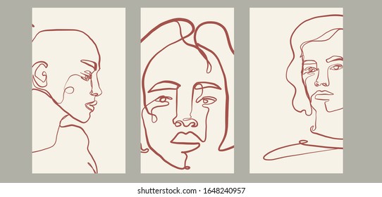 Set of templates with continuous portrait woman in abstract trendy style. Creative design for social media apps. Minimal simple vector. Beauty and fashion concept. 
