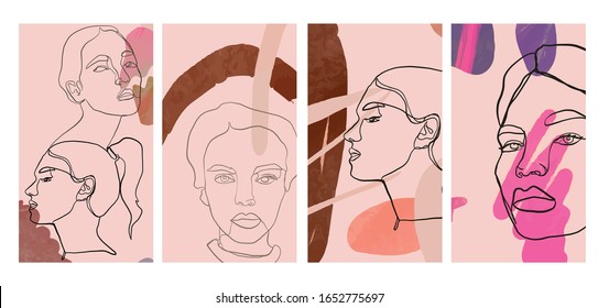 Set of templates with continuous portrait woman in abstract trendy style. Creative design for social media apps. Minimal simple vector. Beauty and fashion concept. 
