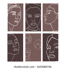 Set of templates with continuous portrait woman in abstract trendy style. Creative design for social media apps. Minimal simple vector. Beauty and fashion concept. 
