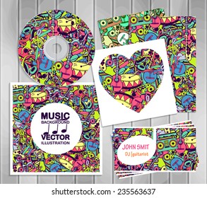 A set of templates corporate identity: the drive, business cards and postcards. Vector design elements: notes, musical instruments, lifestyle, music. Illustration contains seamless pattern