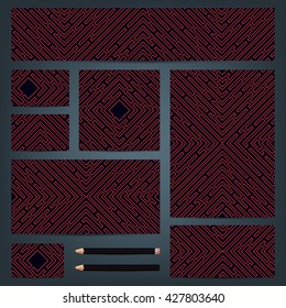 Set of templates for corporate identity with a maze. Templates of business documents with an vector labyrinth. Banner, cd cover, business cards, envelopes, letterhead. Vector illustration.