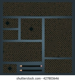 Set of templates for corporate identity with a maze. Templates of business documents with an vector labyrinth. Banner, cd cover, business cards, envelopes, letterhead. Vector illustration.
