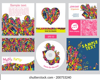 A set of templates corporate identity. Vector design elements with the waves, notes, music, headphones. Can be used in computer design, web pages and templates, banners.