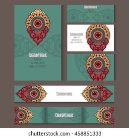 Set of templates for corporate style, envelopes, notebooks, business card and invitation card with floral ornament. Vector illustration.