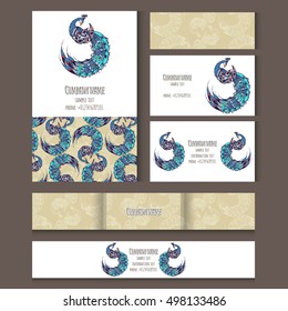 Set of templates for corporate style, notebooks, credit card, business card and invitation card with birds. Vector illustration.
