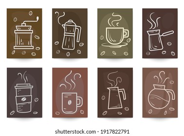 Set of templates cover, banner or card background with coffee in cartoon doodle style. Modern minimal design elements for branding. Vector illustration.