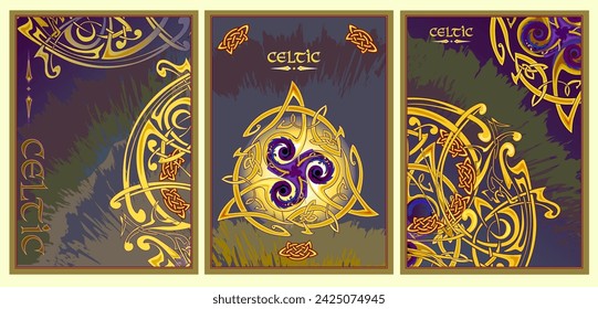 Conjunto de plantillas para la cubierta o tarjeta de felicitación. Decoración dorada con adorno en espiral Triskelion. Patrón de nudo celta. Fondo de lujo. Dibujo vectorial. Impresión para póster, banner, papel pintado, diseño.