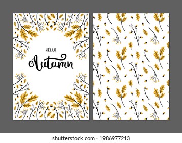 Set of templates and covers with black and yellow fall decorations and hand-drawn text - Hello Autumn. A4 proportions. White background.